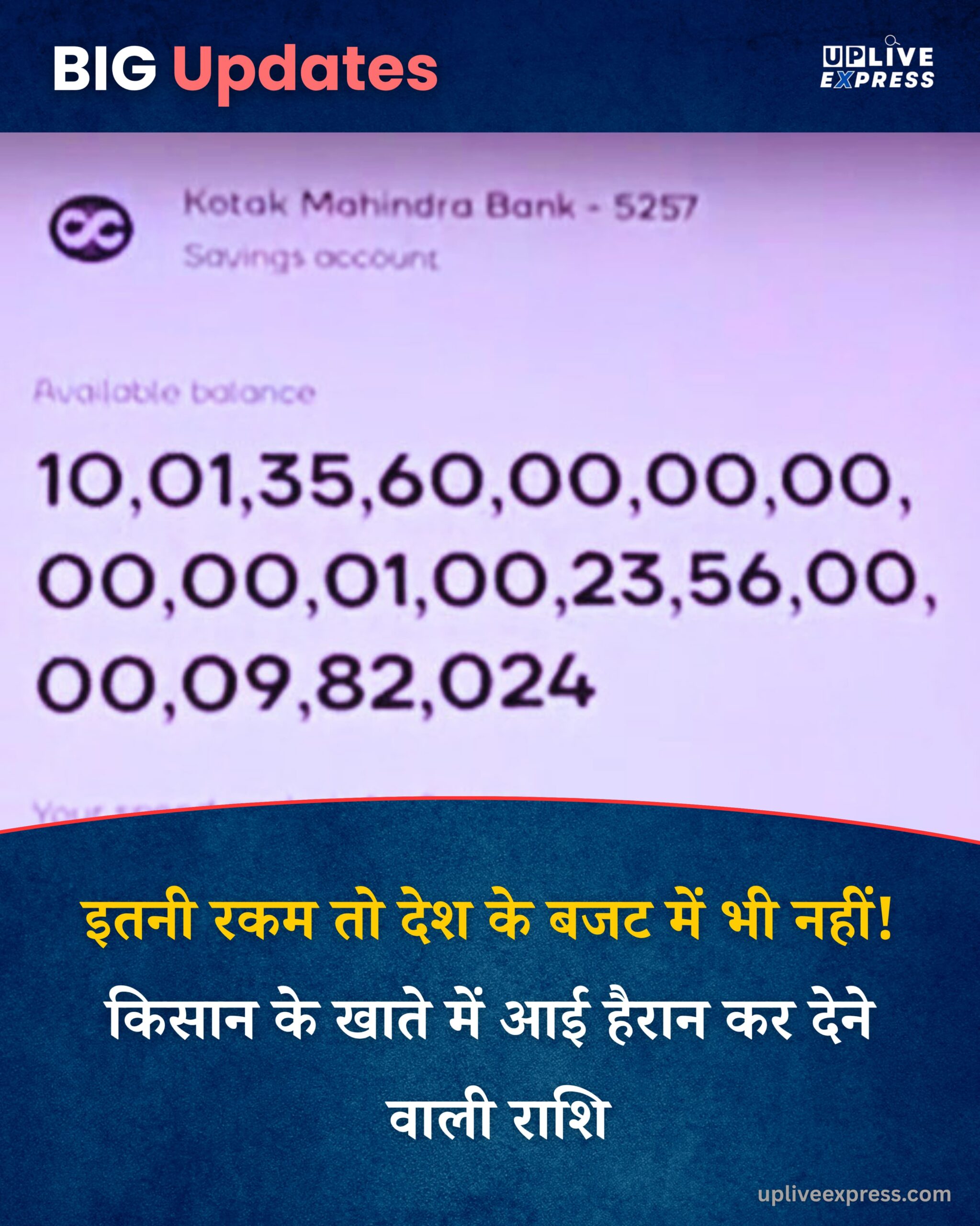 सिद्धार्थनगर के किसान के खाते में 10 लाख करोड़,मोबाइल ऐप पर दिखा 37 अंकों का बैलेंस, बैंक ने तुरंत फ्रीज किया खाता :