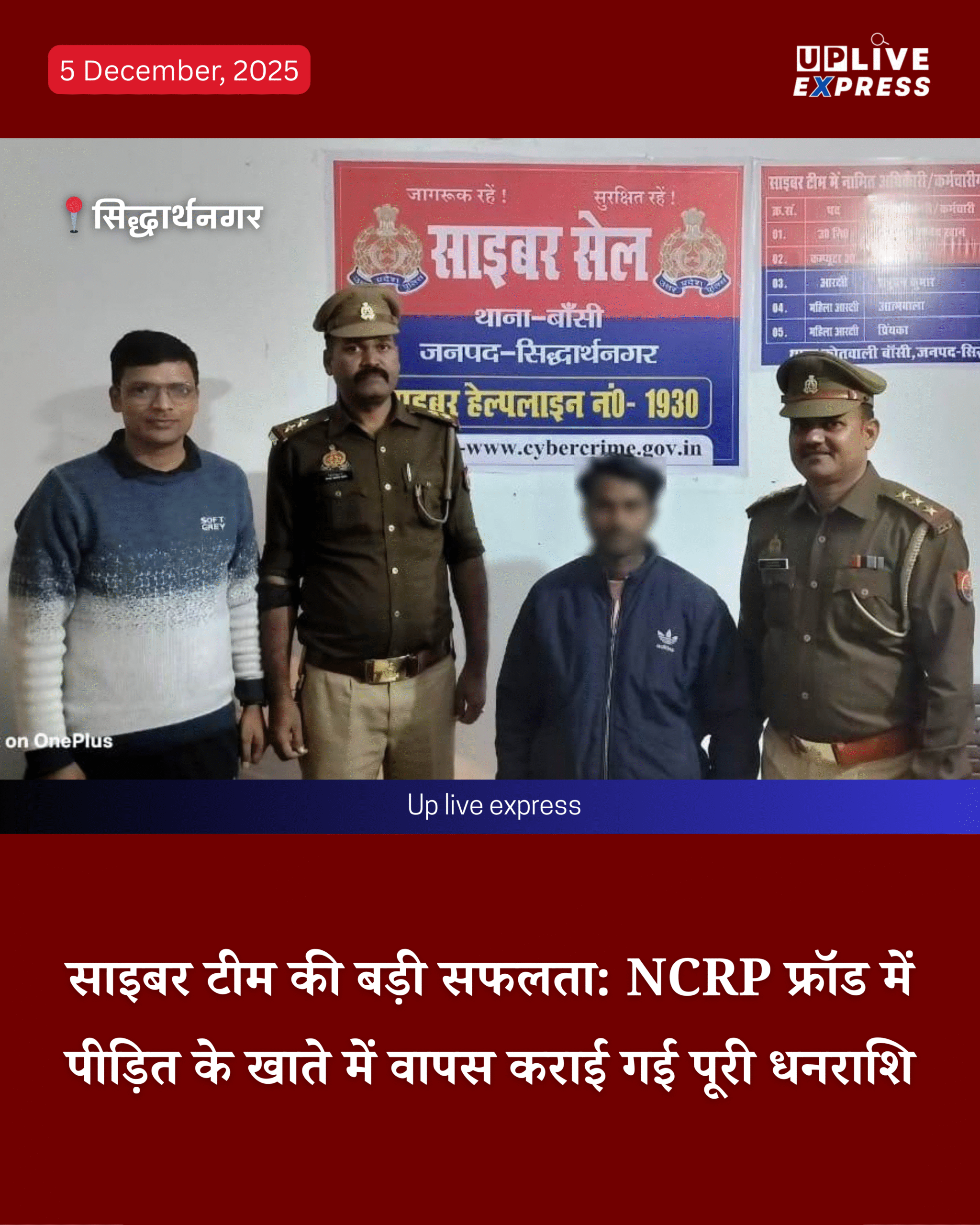 साइबर अपराध पर सिद्धार्थनगर पुलिस का शिकंजा, बांसी टीम की त्वरित कार्यवाही से पीड़ित को मिली राहत :